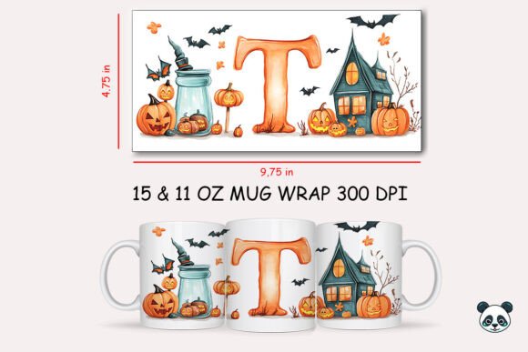 Halloween Letter T Mug Wrap: Spooky Sublimation Design